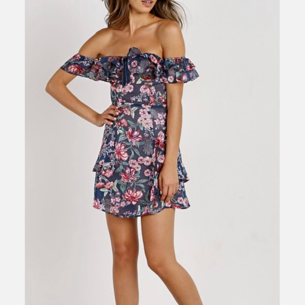 For Love & Lemons Flora Off Shoulder Dress Medium Navy